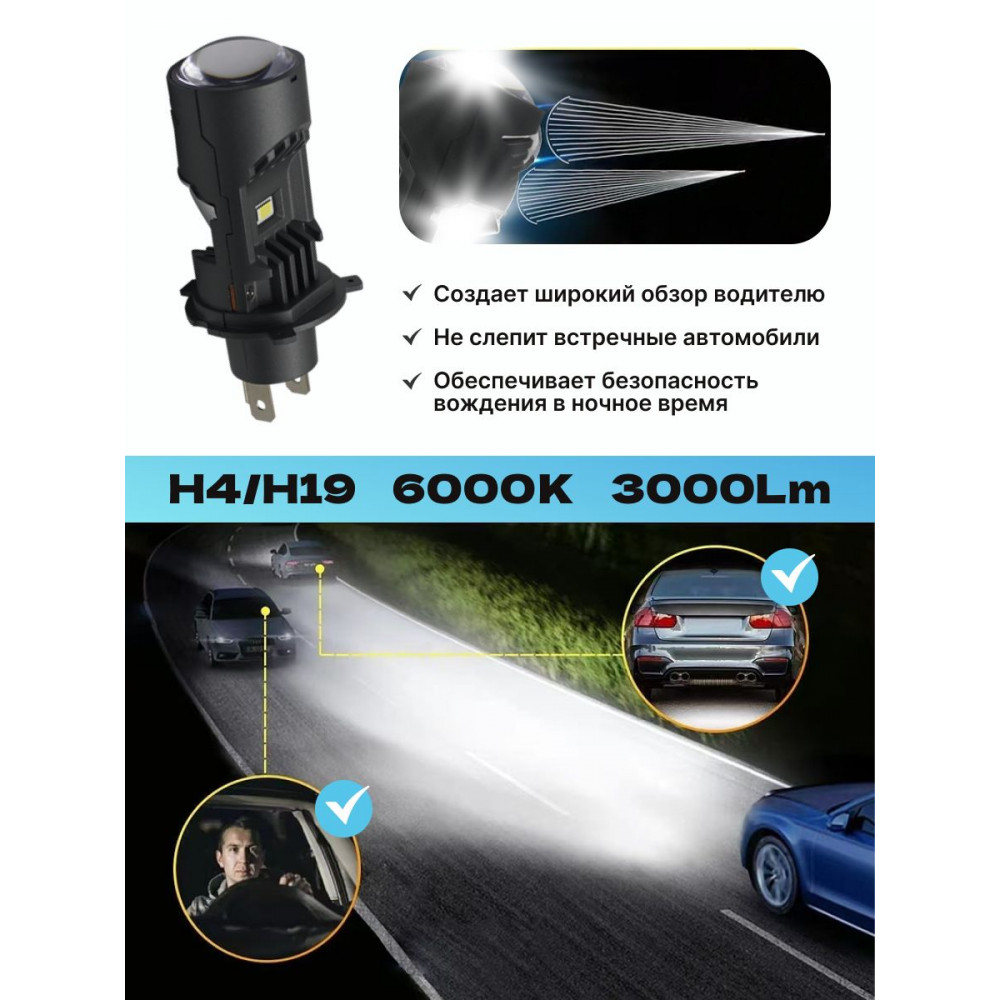 Комплект МИНИ-ЛИНЗ SVS серии A10-PRO  H4/H19 (CHIP3570CSP/3000Lm/6000K/12V/35-50W. кулер)
