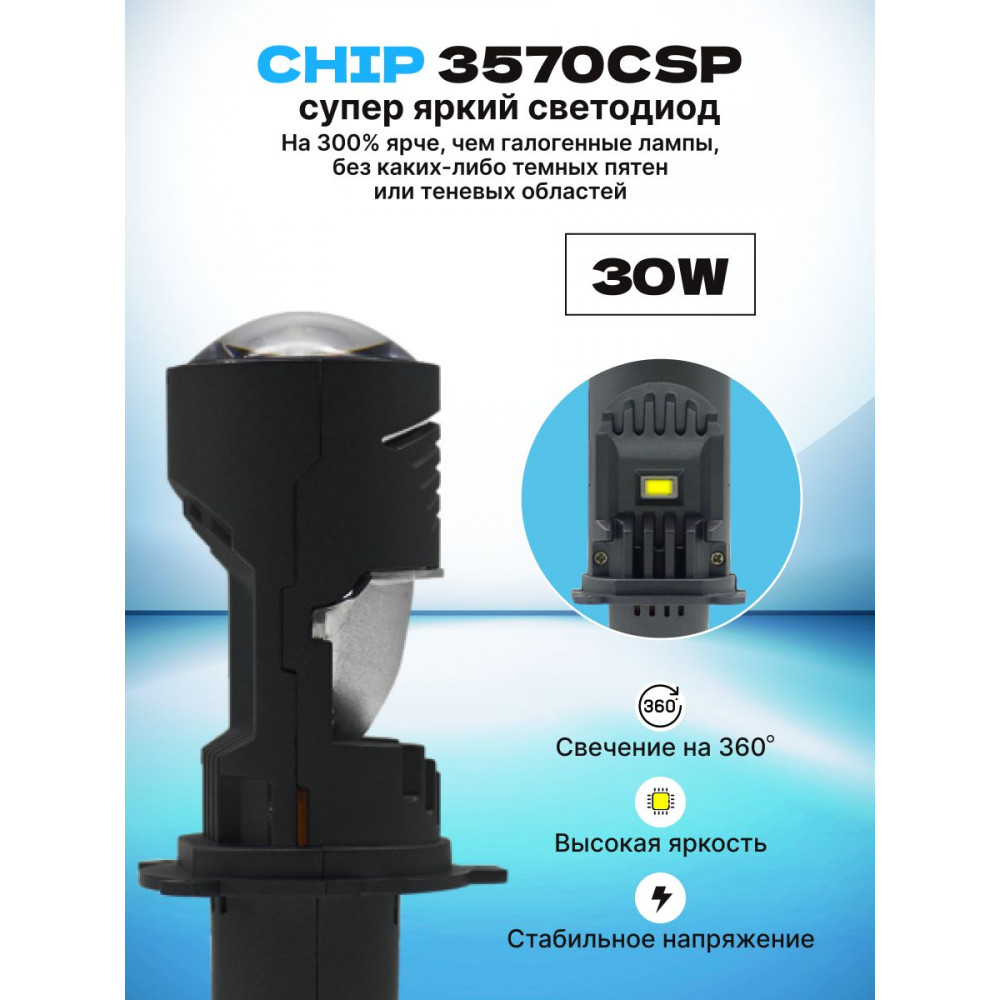 Комплект МИНИ-ЛИНЗ SVS серии A10-PRO  H4/H19 (CHIP3570CSP/3000Lm/6000K/12V/35-50W. кулер)